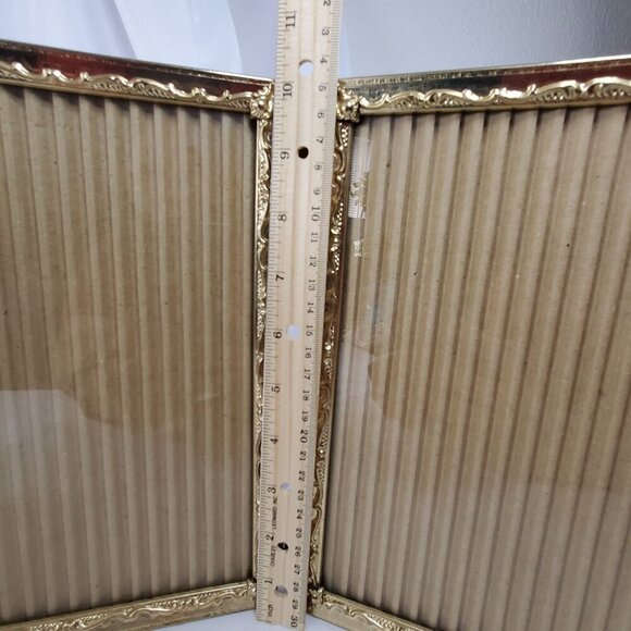 VTG Gold Metal 8x10 Trifold Hinged Picture Filigree Frames Velvet Back MCM - Picture 3 of 12